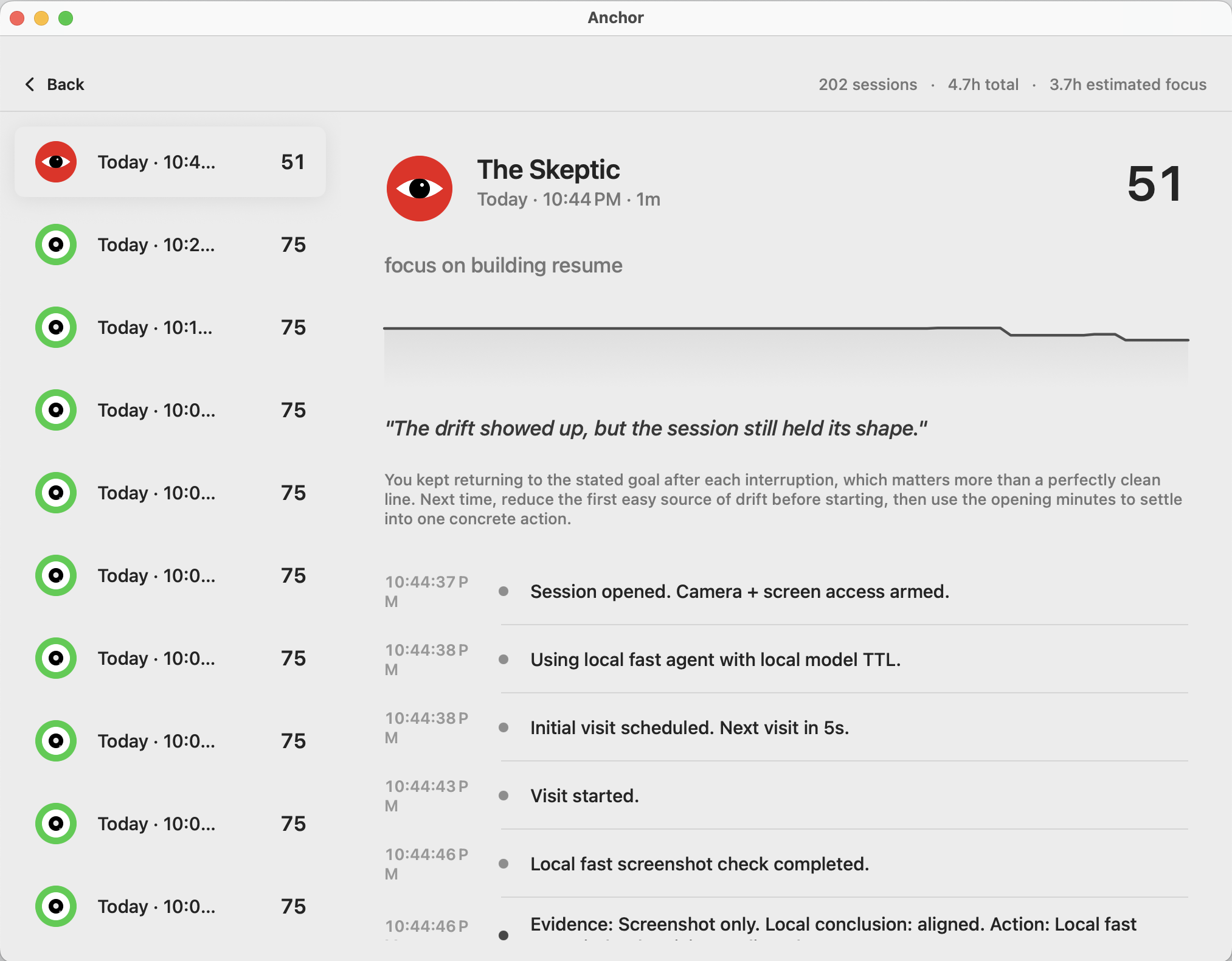 Anchor session history screen with scores, drift line, and session events.