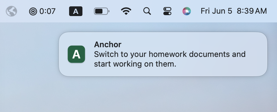 Anchor notification asking the user to switch back to homework documents.