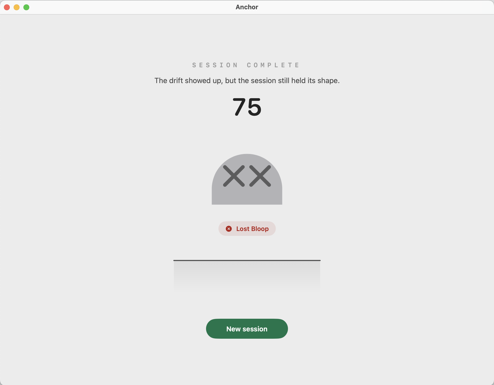 Anchor completed session result showing score and pet reward status.