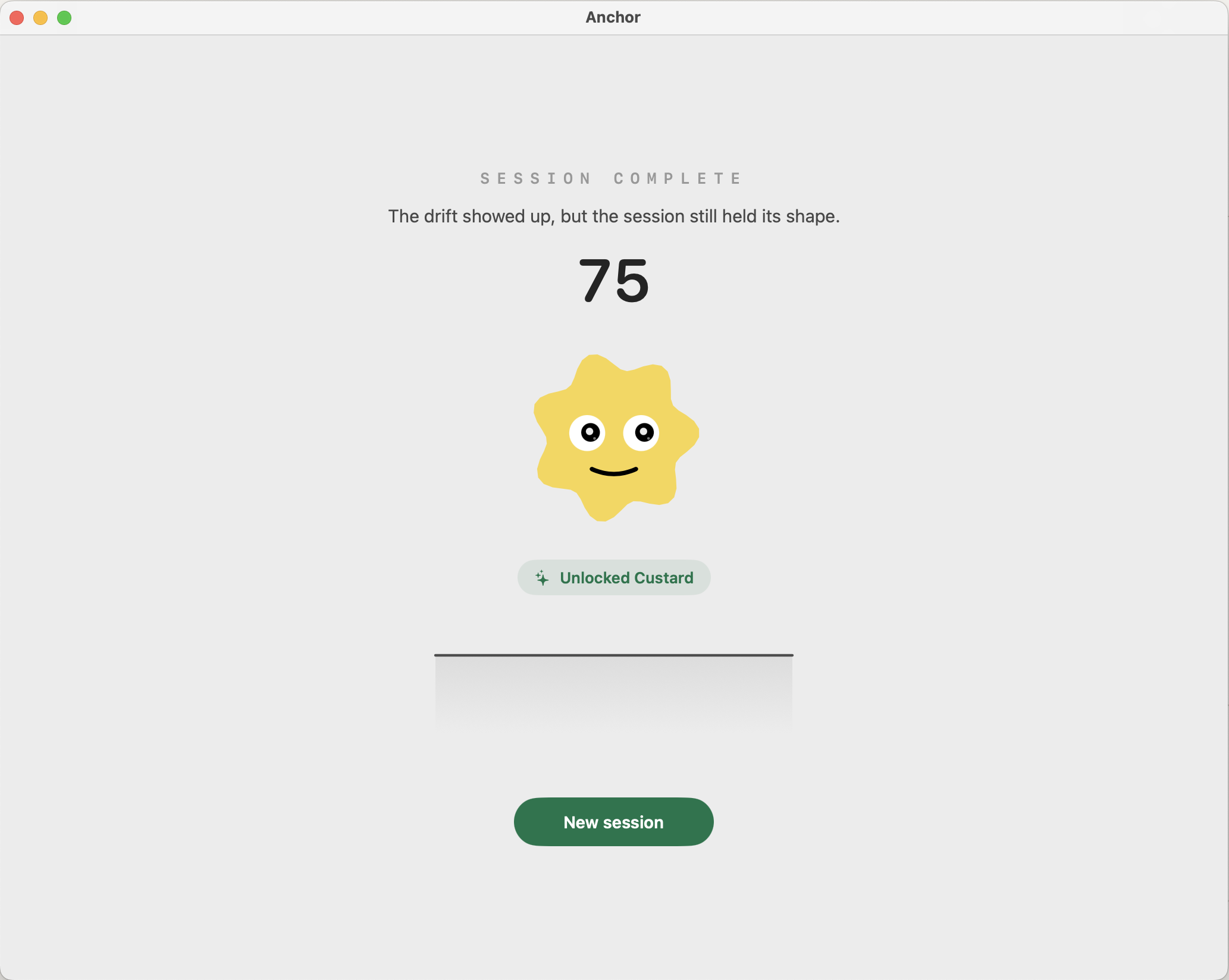 Anchor completed session result showing score and pet reward status.