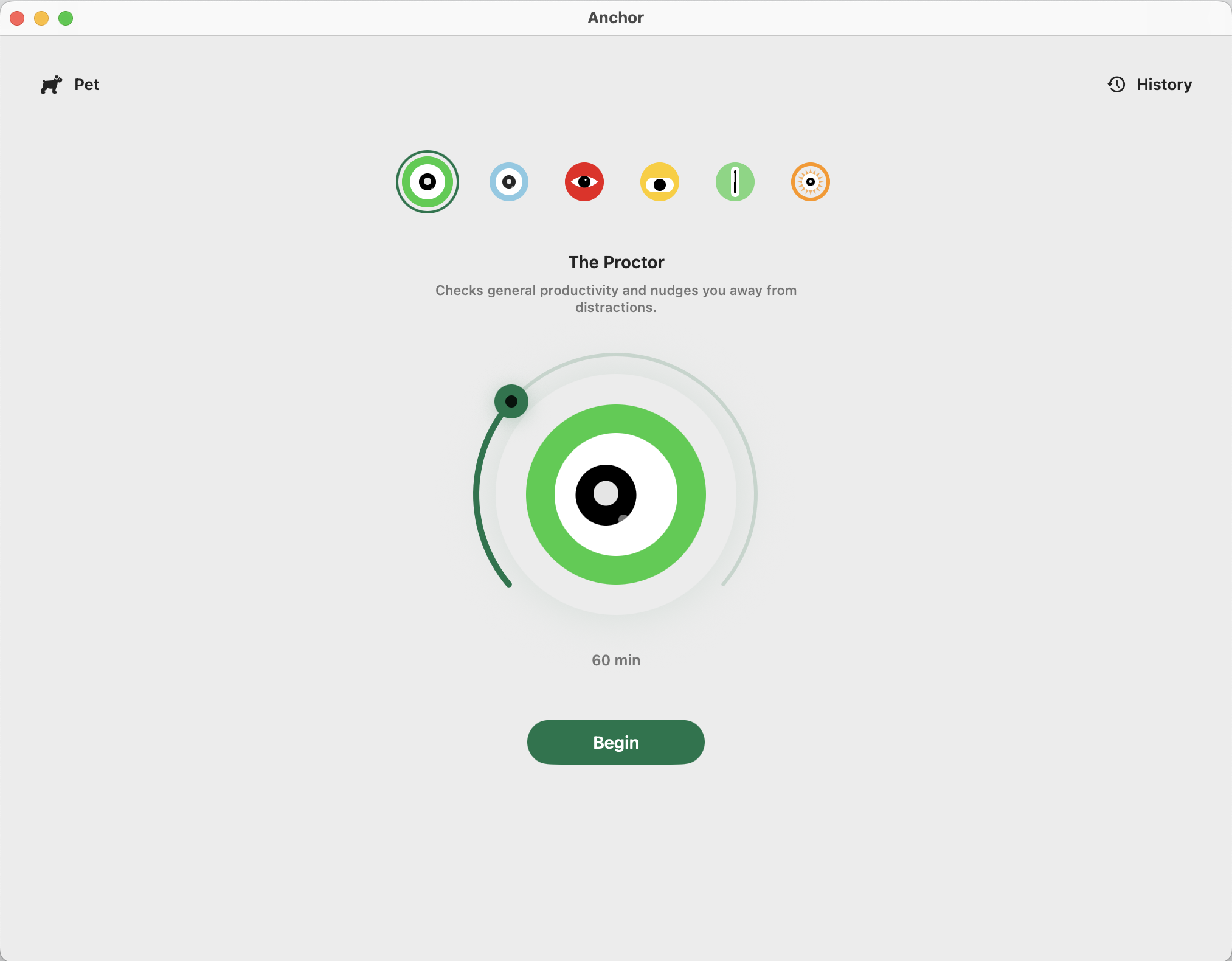 Anchor setup screen with proctor selection and a Begin button.